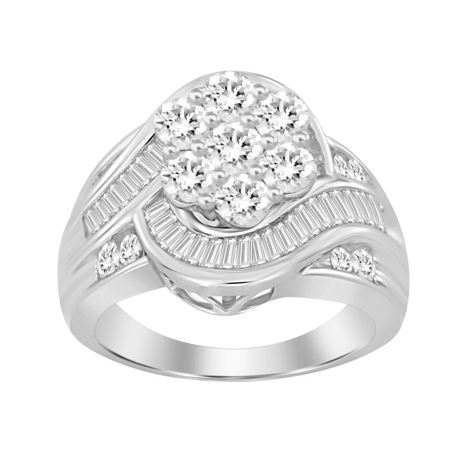 LADIES RING 2.00CT ROUND/BAGUETTE DIAMOND 14K WHITE GOLD (SI QUALITY)