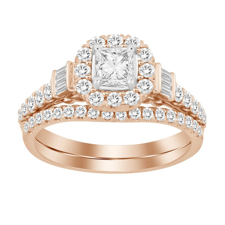 LADIES BRIDAL SET 1.00CT ROUND/PRINCESS/BAGUETTE DIAMOND 14K ROSE GOLD (CENTER STONE 0.33CT PRINCESS DIAMOND)