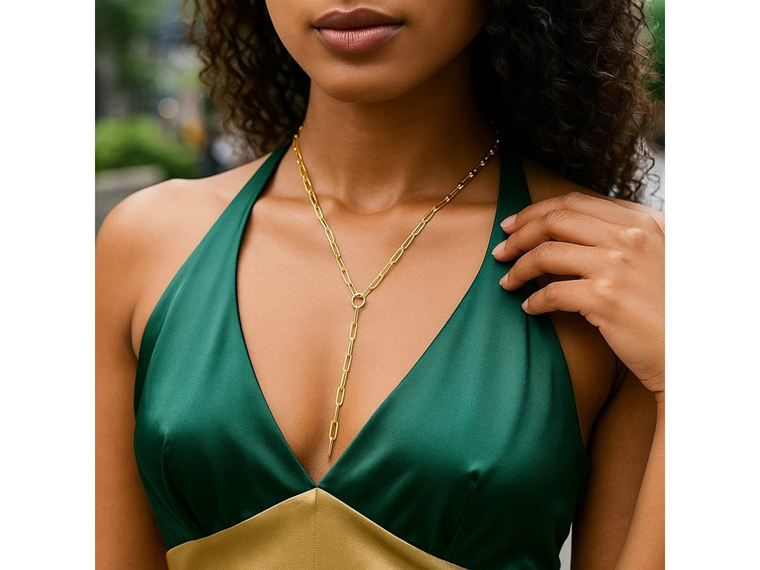 14k Yellow Gold Paperclip Chain Lariat Necklace