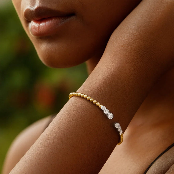 14K Two Tone Polish Diamond Pallina Open Beaded Cuff Bangle (3.00 mm)