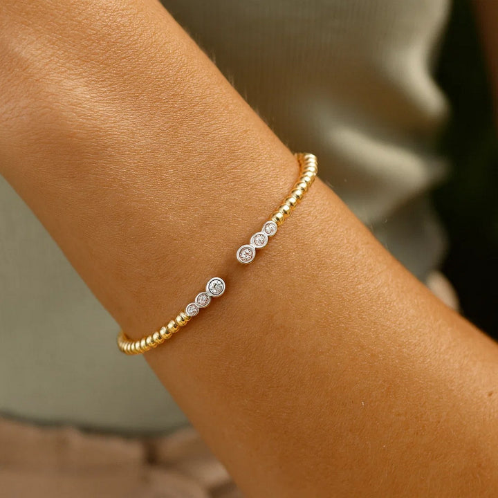 14K Two Tone Polish Diamond Pallina Open Beaded Cuff Bangle (3.00 mm)