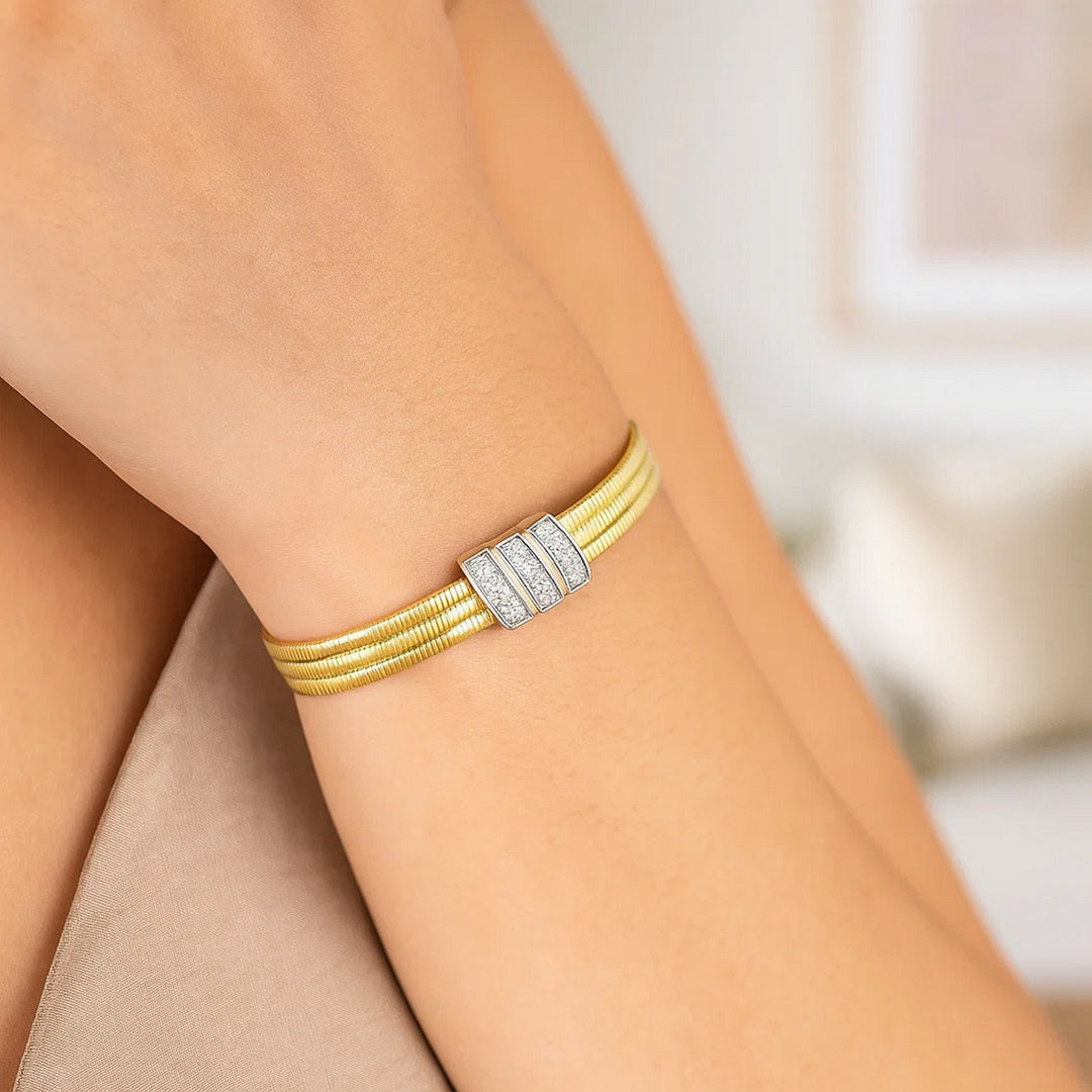 14K Yellow Gold Triple Row Diamond Omega Cuff Bangle