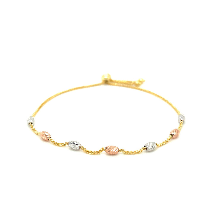 14k Tri-Color Gold Textured Oval Station Lariat Style Bracelet (1.20 mm)