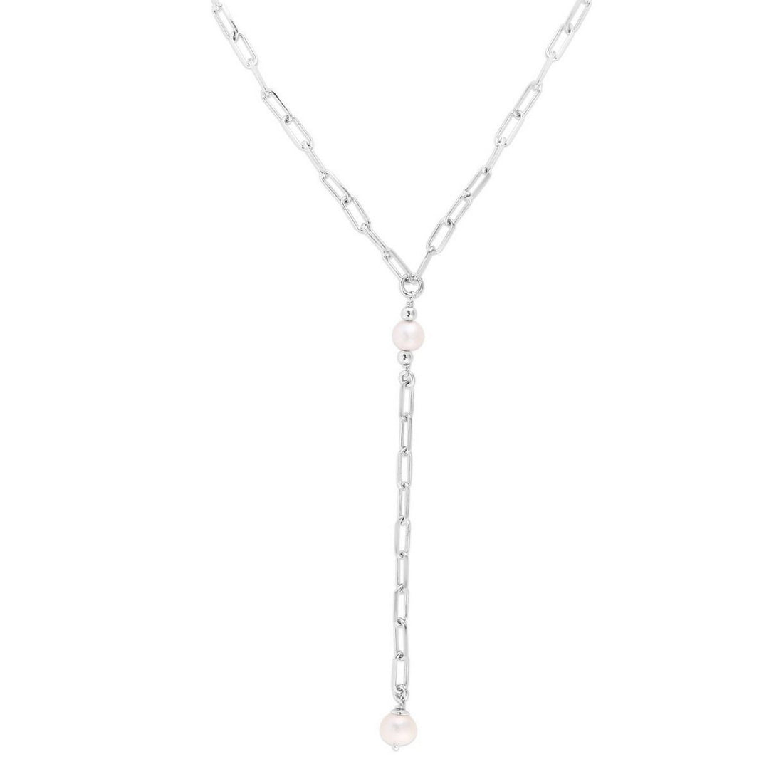 Sterling Silver Rhodium Plated Freshwater Pearl Paperclip Lariat Necklace