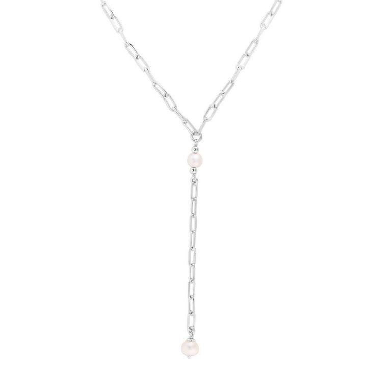 Sterling Silver Rhodium Plated Freshwater Pearl Paperclip Lariat Necklace