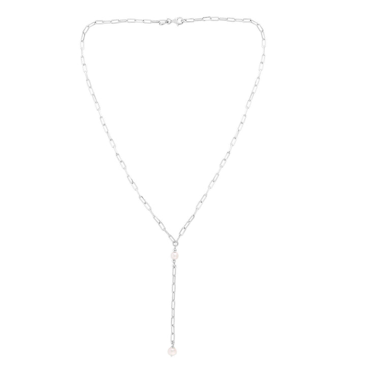 Sterling Silver Rhodium Plated Freshwater Pearl Paperclip Lariat Necklace