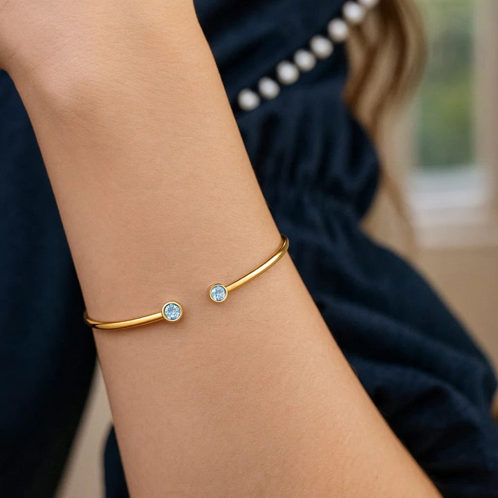14K Yellow Gold Blue Topaz Open Cuff Bangle (2.00 mm)