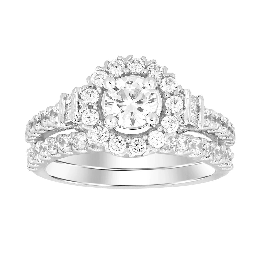 LADIES BRIDAL RING SET 1 5/8 CT ROUND/BAGUETTE DIAMOND 14K WHITE GOLD(CENTER STONE 1/2) (SI QUALITY)
