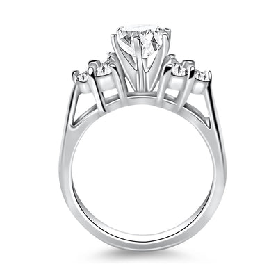 14k White Gold Cathedral Engagement Ring with Side Diamond Clusters