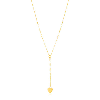 14k Yellow Gold Paperclip Chain Lariat Necklace with Heart